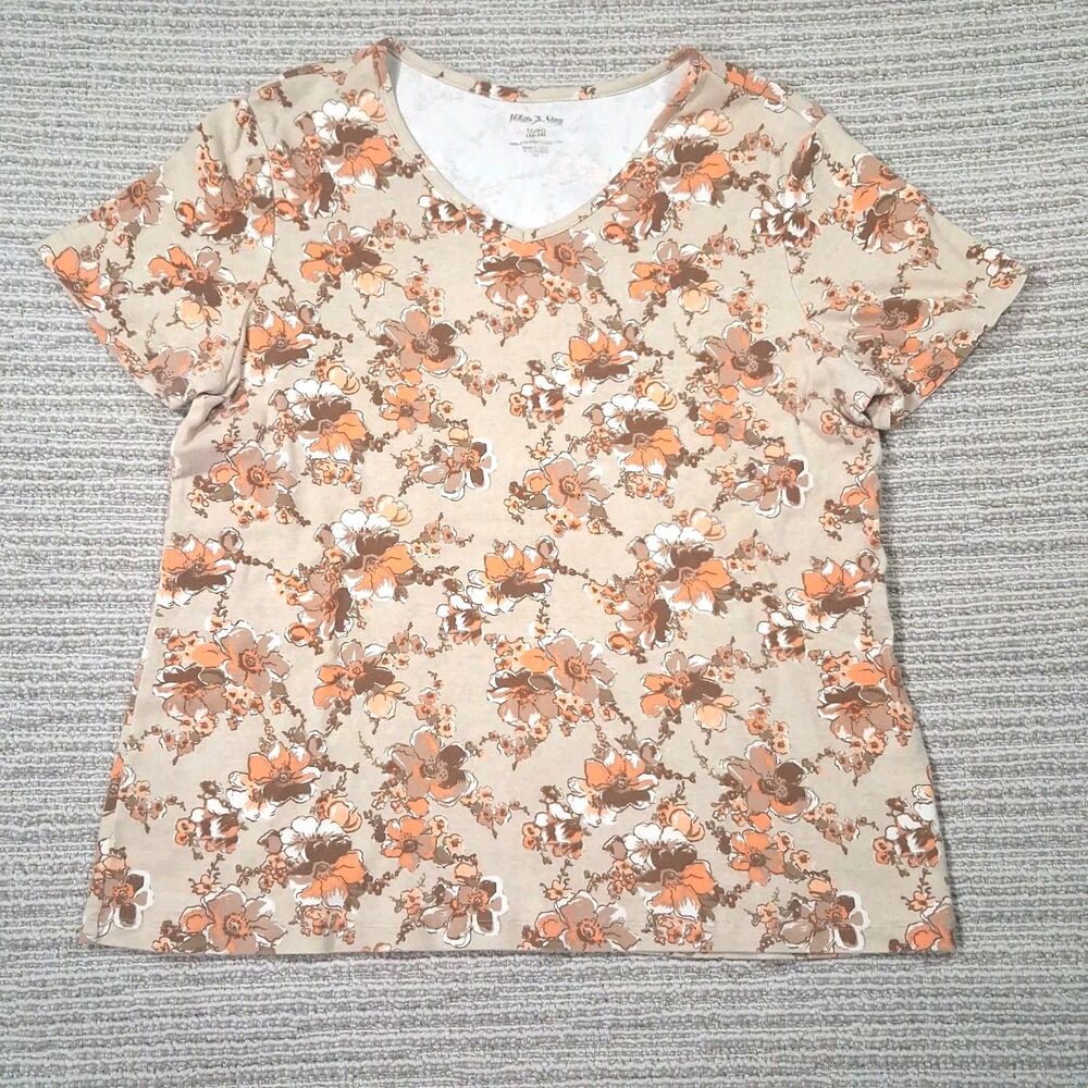 white stag women's floral blouse sz xl short sleeve v neck peach orange flowers